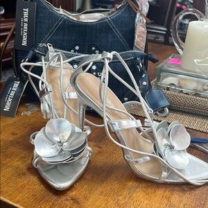 Silver Women's Heels with Floral Design
